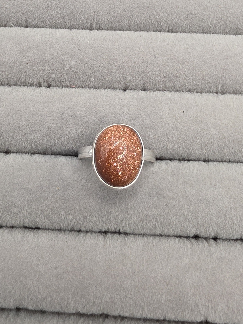 Silver Plated Ring Size 7 1/2 with Sparkling Brown Goldstone Oval Cabochon